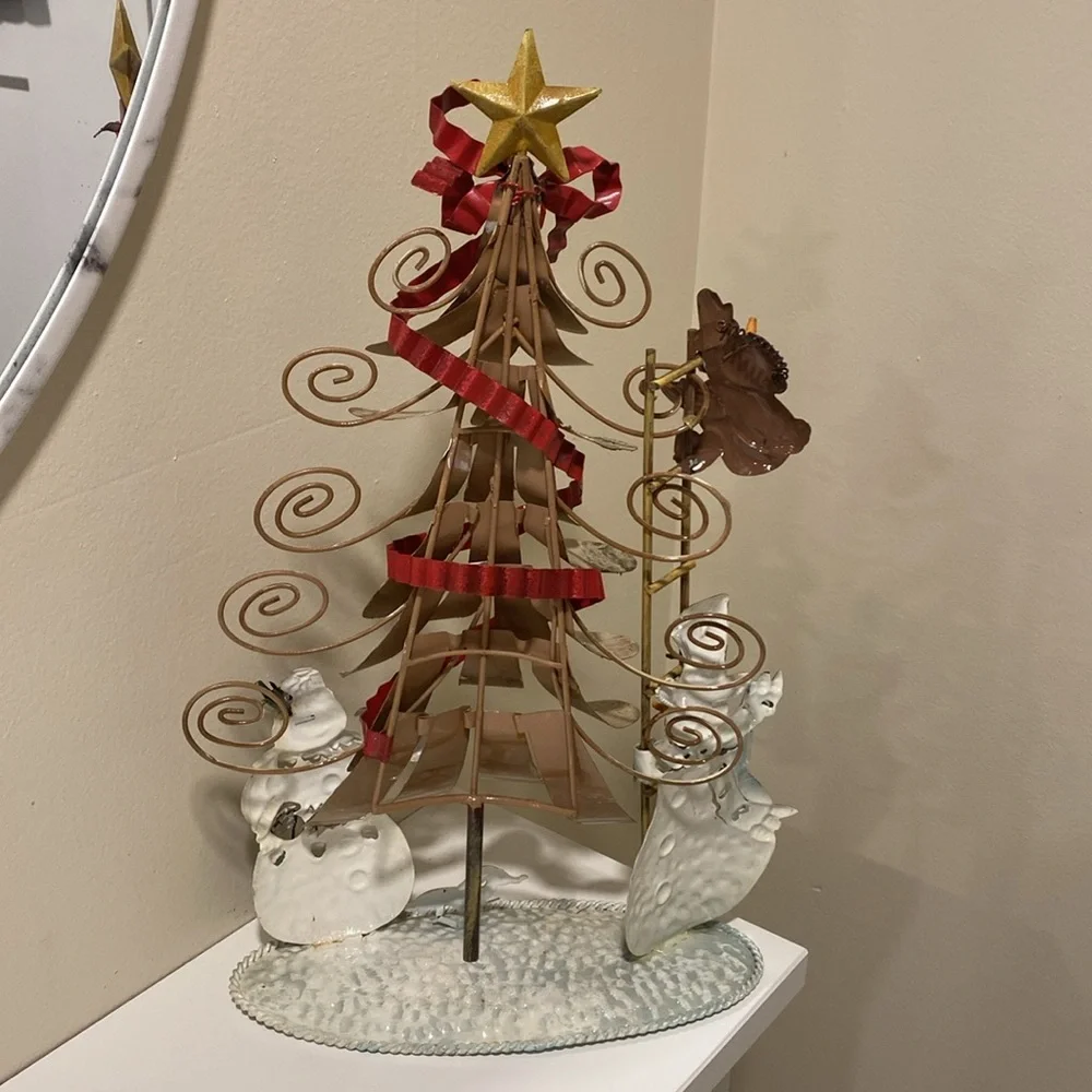 Vintage Metal Large Christmas Tree, Snowmen, Winter Scape Festive Holiday Decor
